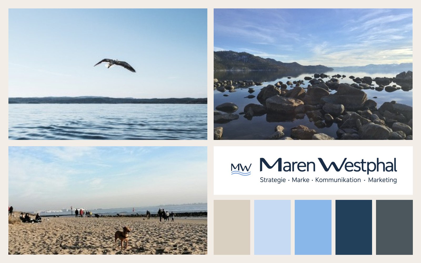Moodboard der Marke Maren Westphal: Möwe über dem Wasser, Felsen am See, Elbstrand, Logo und Markenfarben