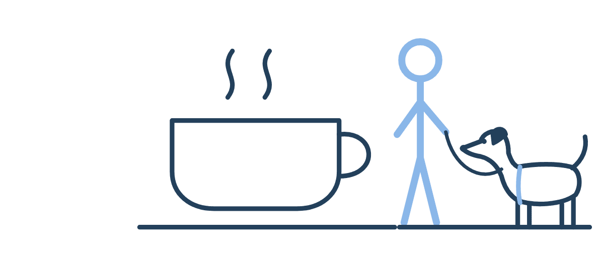 Skizze: Kaffeetasse und eine Person mit Hund an der Leine