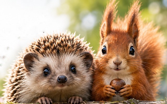Igel und Eichhörnchen auf einem Baumstamm