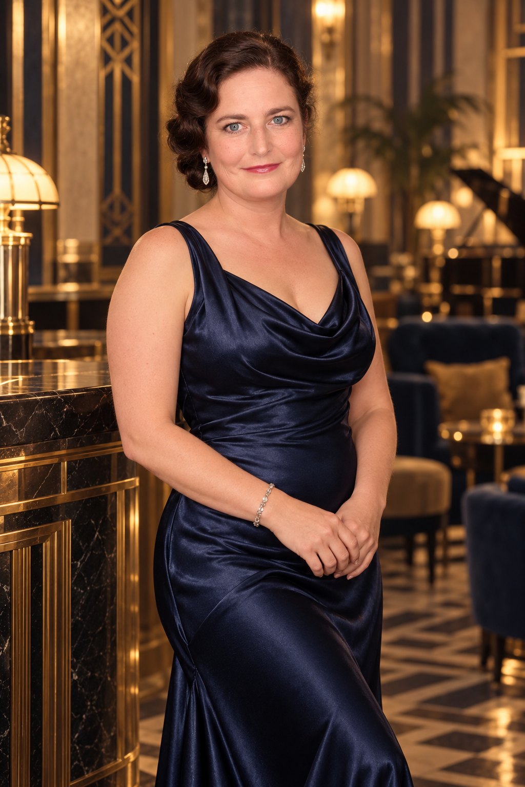 KI-Bild: Maren Westphal im Stil der 1930er-Jahre in einer Art-déco-Bar