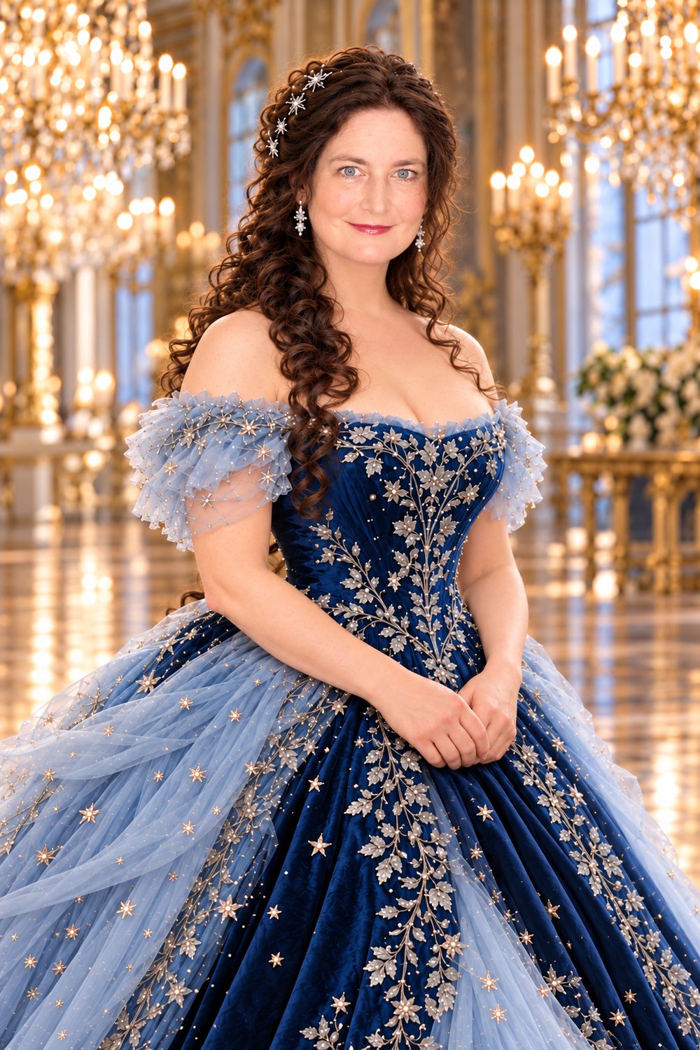 KI-Bild: Maren Westphal im blauen Ballkleid in einem Ballsaal mit Kronleuchtern
