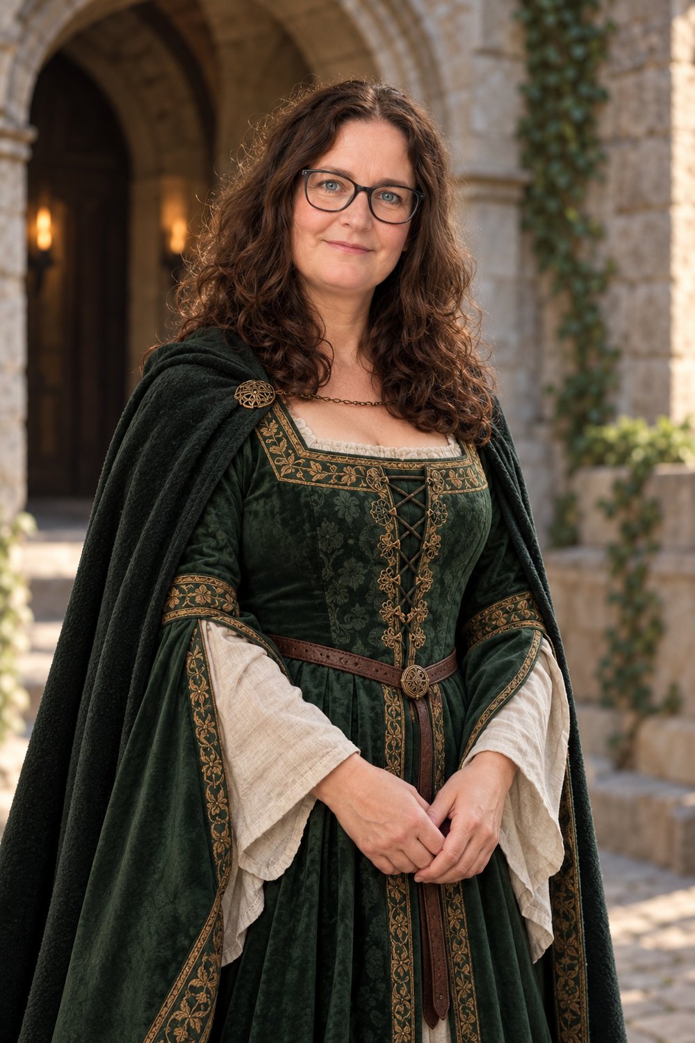 KI-Bild: Maren Westphal in mittelalterlichem Samtkleid vor einem Klostertor