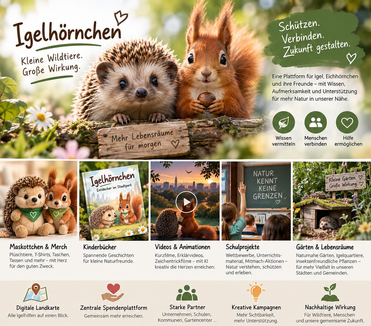 Plakatentwurf Igelhörnchen: Igel und Eichhörnchen auf einem Baumstamm mit Slogan Kleine Wildtiere. Große Wirkung.