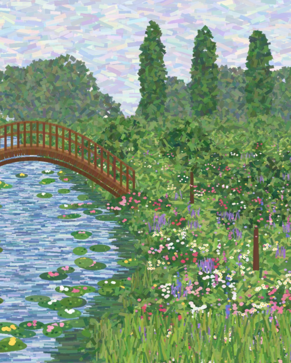 Gemälde Die Brücke, rechte Hälfte: braune Bogenbrücke über einem geschwungenen Fluss mit Seerosen und blühenden Ufern, angelehnt an Monet