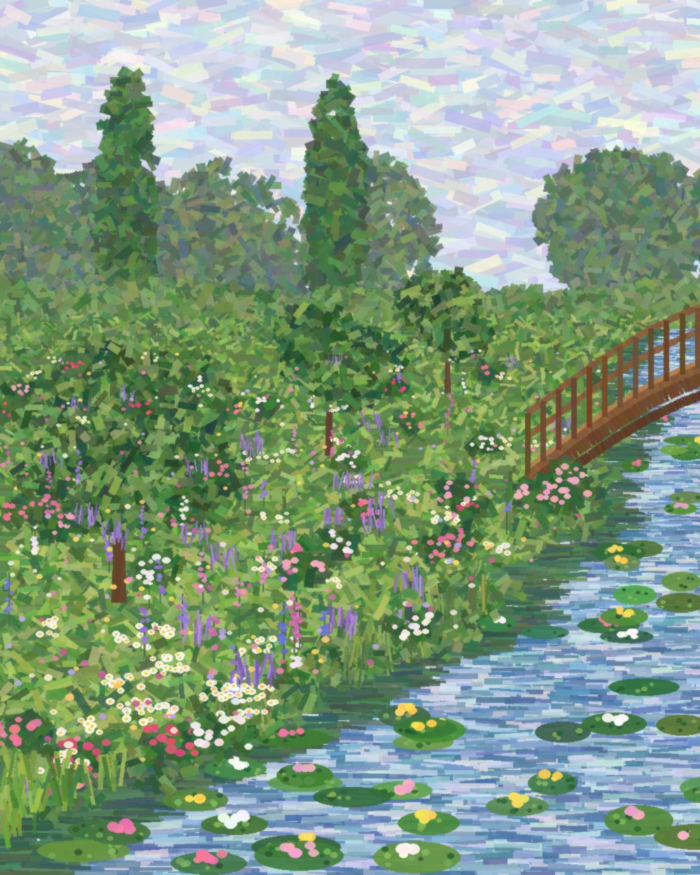 Gemälde Die Brücke, linke Hälfte: braune Bogenbrücke über einem geschwungenen Fluss mit Seerosen und blühenden Ufern, angelehnt an Monet