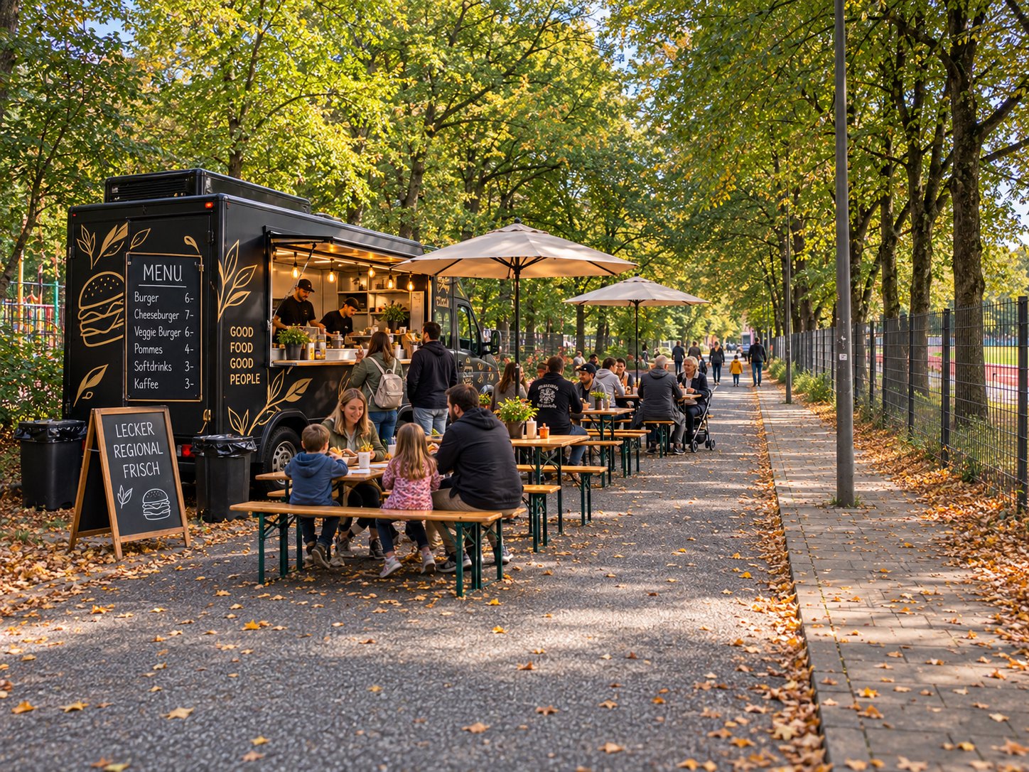 KI-Visualisierung: Foodtruck mit Bierbänken und Sonnenschirmen im Park, Nachbarn sitzen zusammen