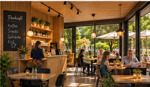 KI-Visualisierung: helles Parkcafé mit Holztheke, Tischen und großen Fenstern zum Park