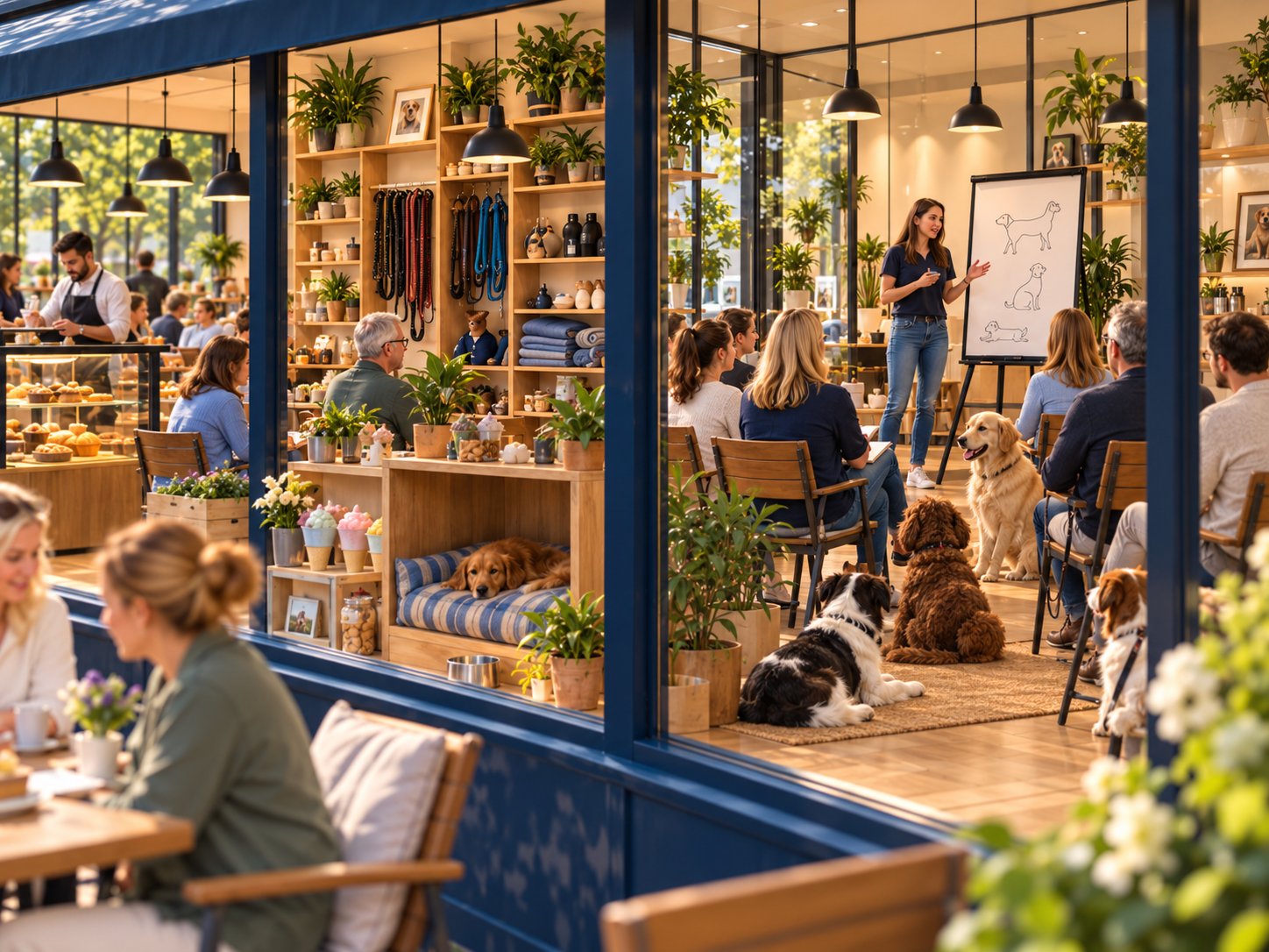 KI-generierte Visualisierung: Innenraum des Hundecafés mit Kuchentheke, Regal mit Leinen und Decken, Rückzugsplatz für Hunde und einem Vortrag am Whiteboard, Zuhörende mit ihren Hunden