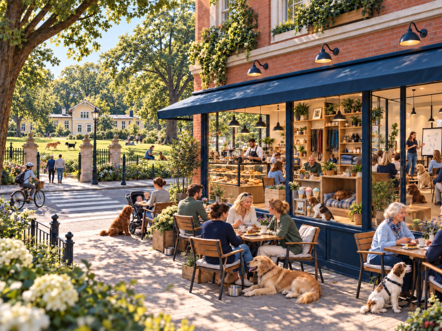 KI-generierte Visualisierung: Hundecafé mit Terrasse, Hunden und Gästen, gegenüber ein Park mit Gutshaus, verbunden durch einen Zebrastreifen