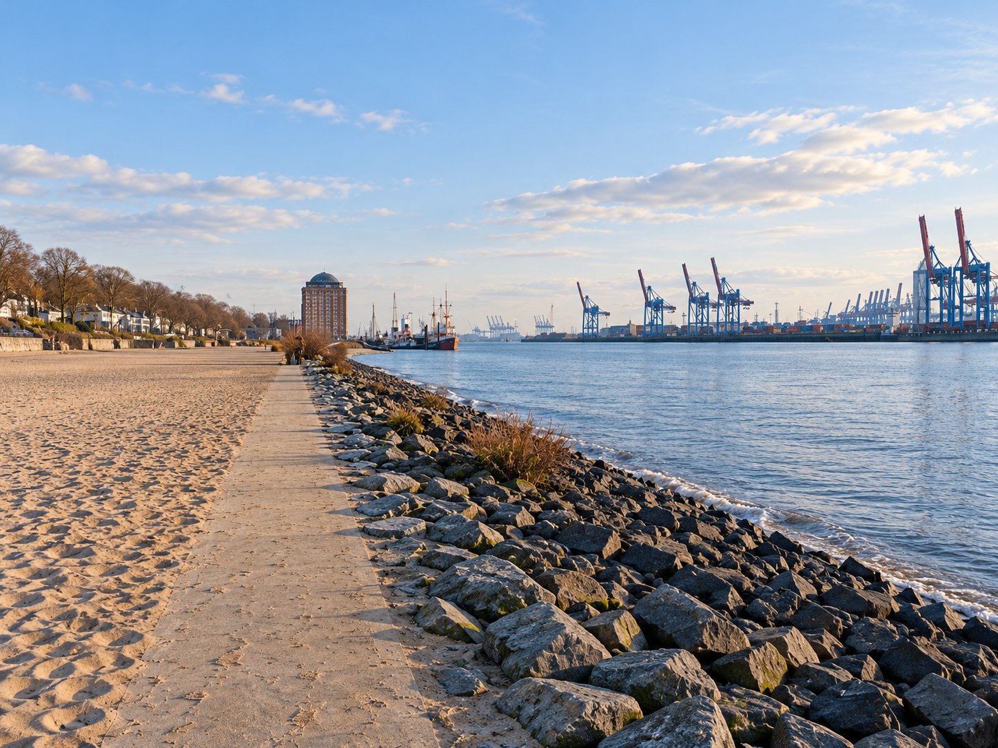KI-Bild: Elbstrand Övelgönne mit Steinufer, Museumshafen und Containerkränen