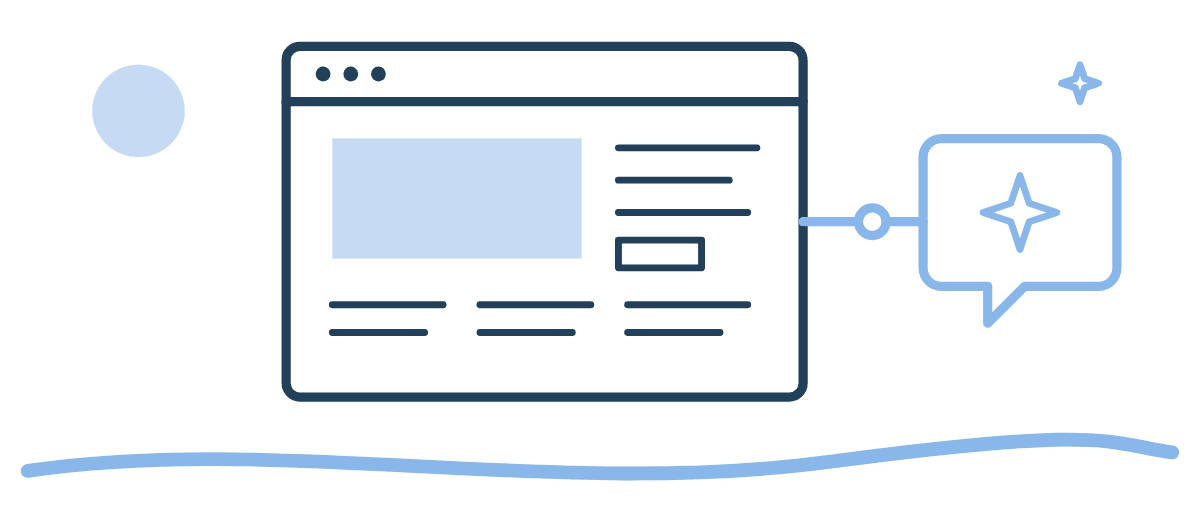 Skizze: Browserfenster mit Website-Layout, verbunden mit einer Sprechblase mit Funken für KI